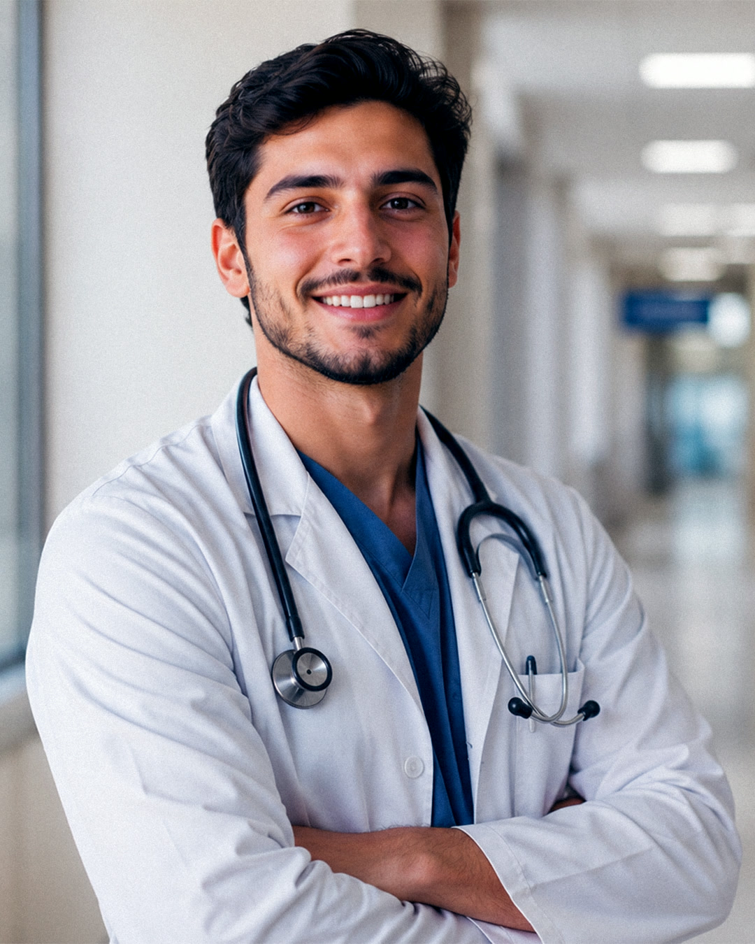 Médico residente / recém-formado em corredor hospitalar